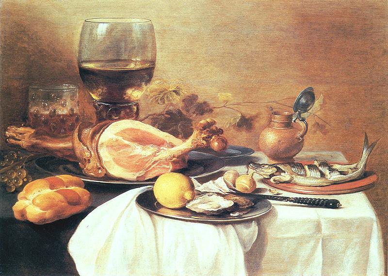 A ham a herring oysters a lemon bread onions grapes, Pieter Claesz